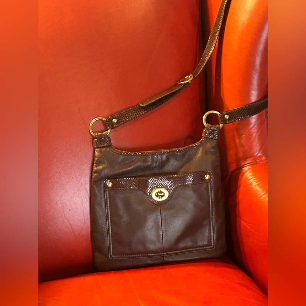 Coach F1168-F16533 Penelope Brown Snakeskin Trim Leather Crossbody Bag